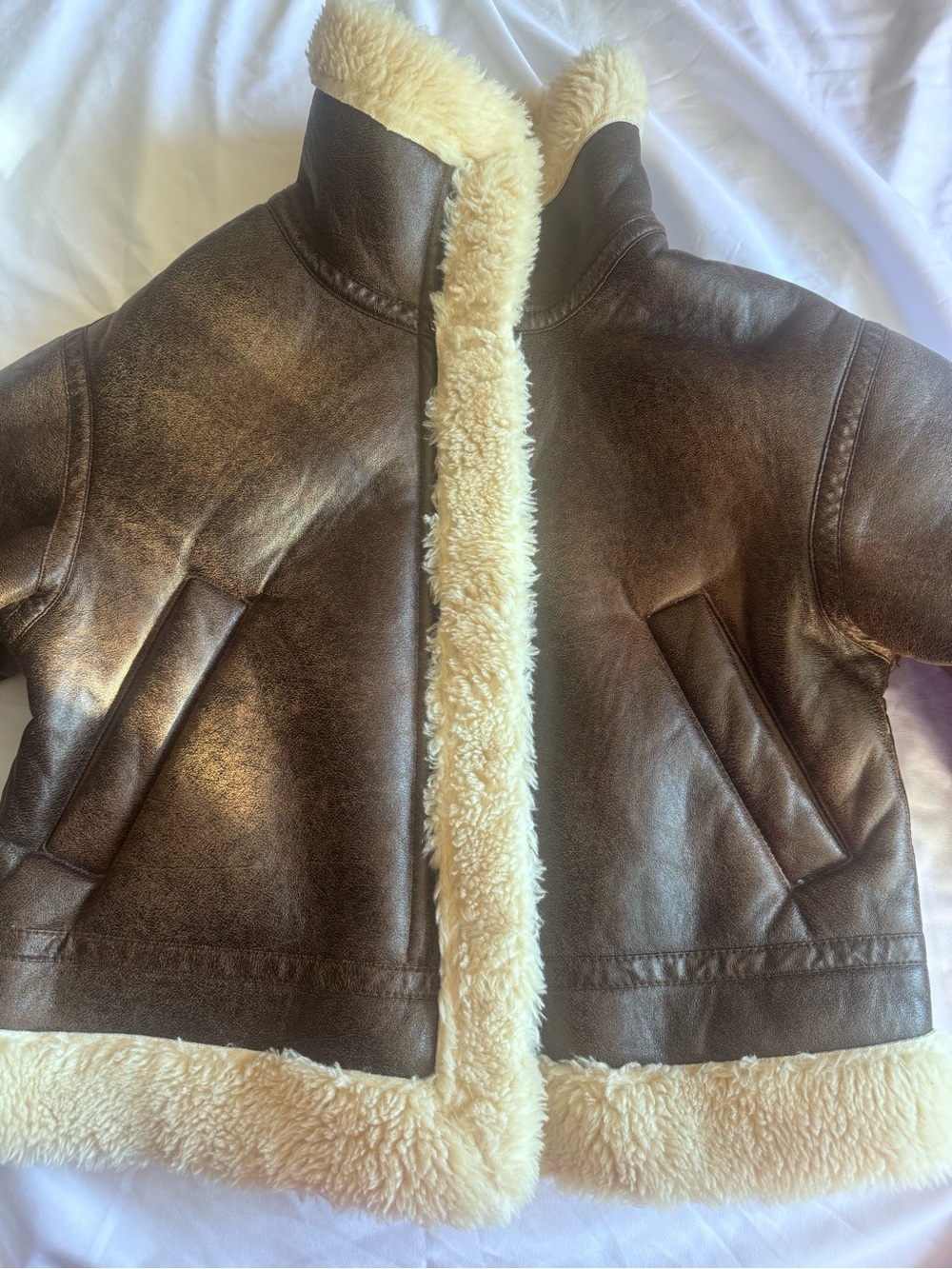 Brown Faux Shearling Jacket with Cream Trim
